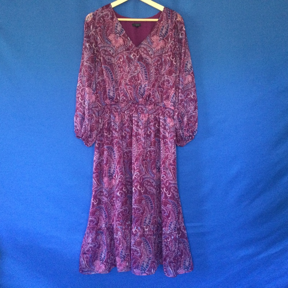 Talbots 16 Purple Metallic Thread Midi Dress Paisley Lined Stunning